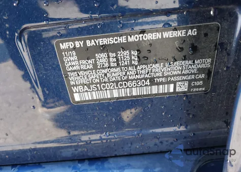 2020 BMW 5 Series 540I z USA, uszkodzony, nr VIN WBAJS1C02LCD66304
